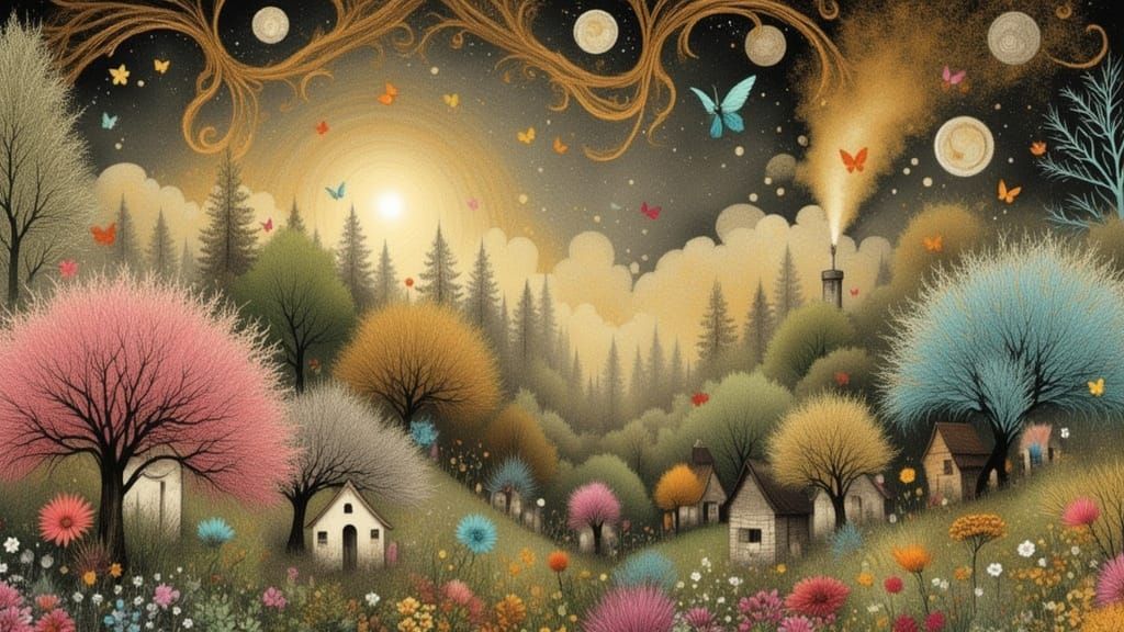 Whimsical Village Scene with Pastel Cottages and Gardens