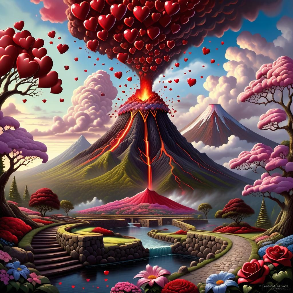 Valentine's Volcano Erupts Hearts in Fantasy Landscape