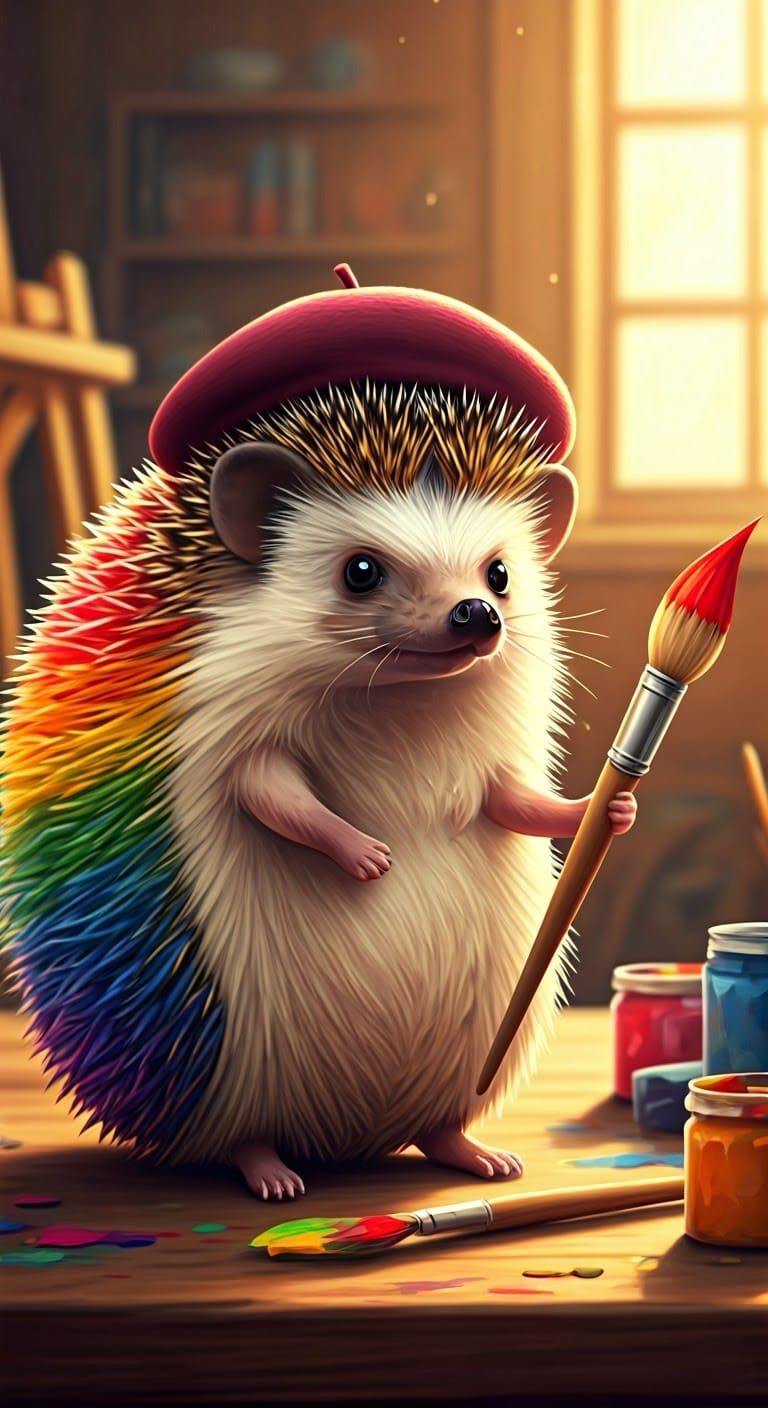 Rainbow Hedgehog Artist in Sunny Studio