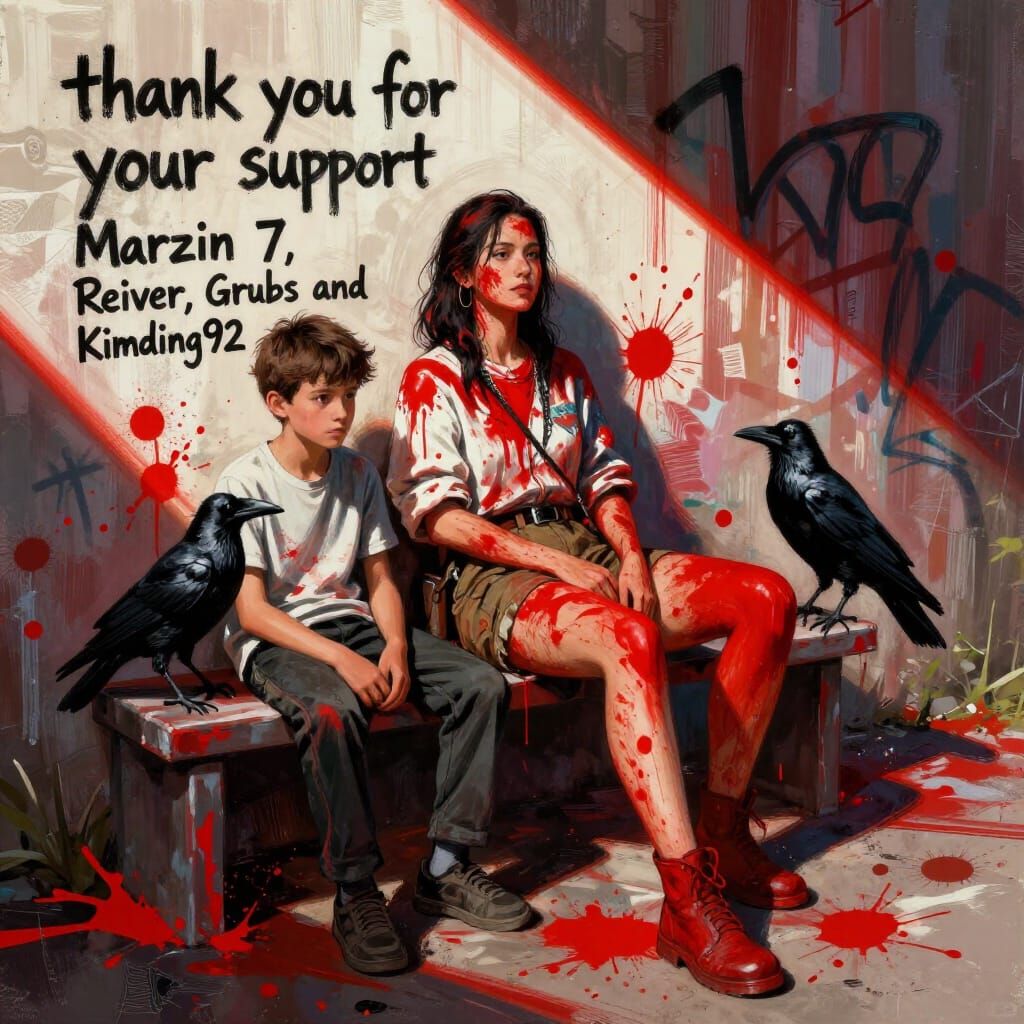 Female Hunter With Red Paint Splatters and Boy