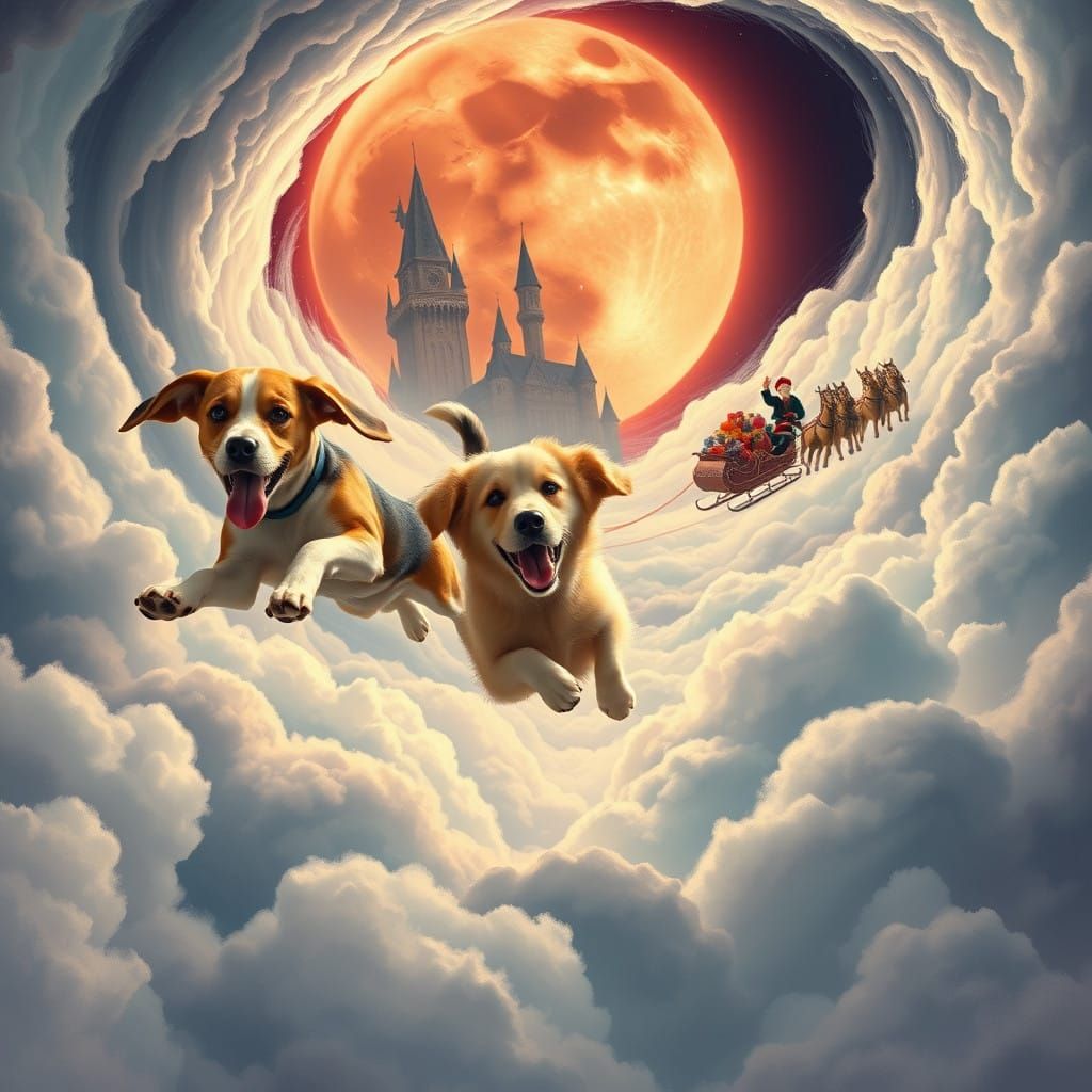 Dogs Soar through Whimsical Clouds towards Enchanted Castle