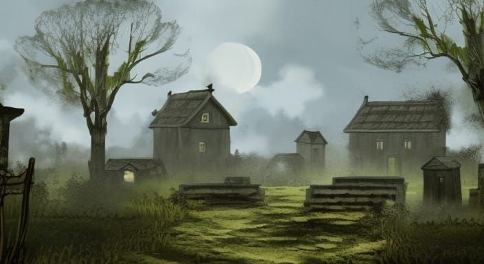 Ominous Haunted Village in Anime Style
