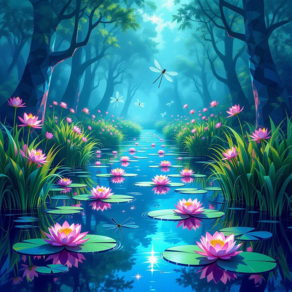 Neon Dragonflies in a Surreal Fractal Marsh
