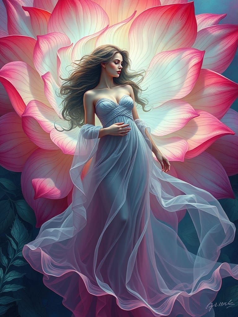 Ethereal Woman Reborn from Blooming Flower, Art Nouveau