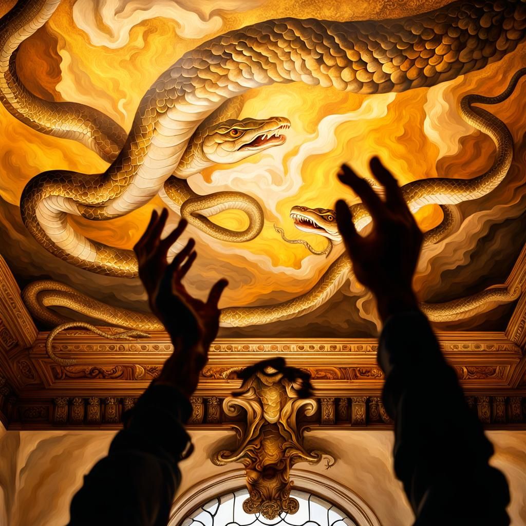 Baroque Ceiling Painting of Intertwined Serpents