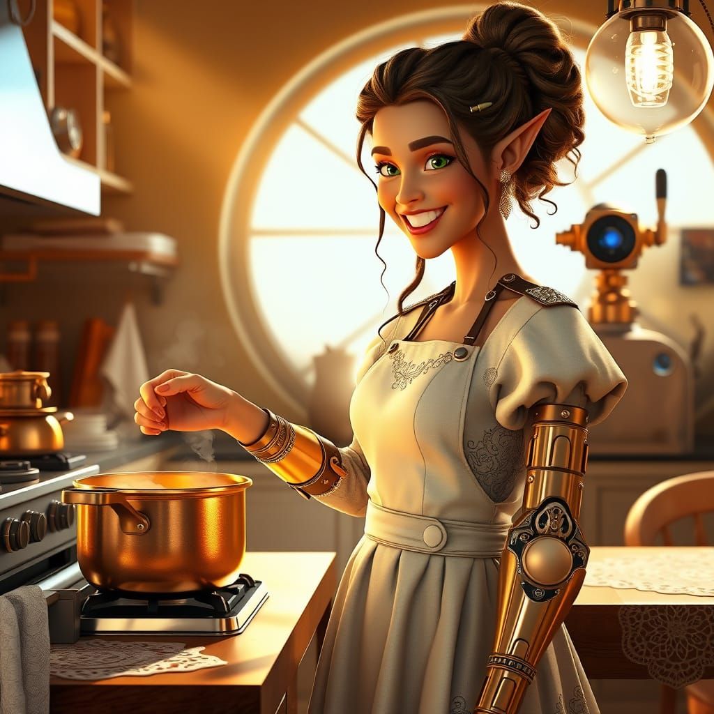 Steampunk Elven Tradwife Cooks Dinner with Assistive Robot B...
