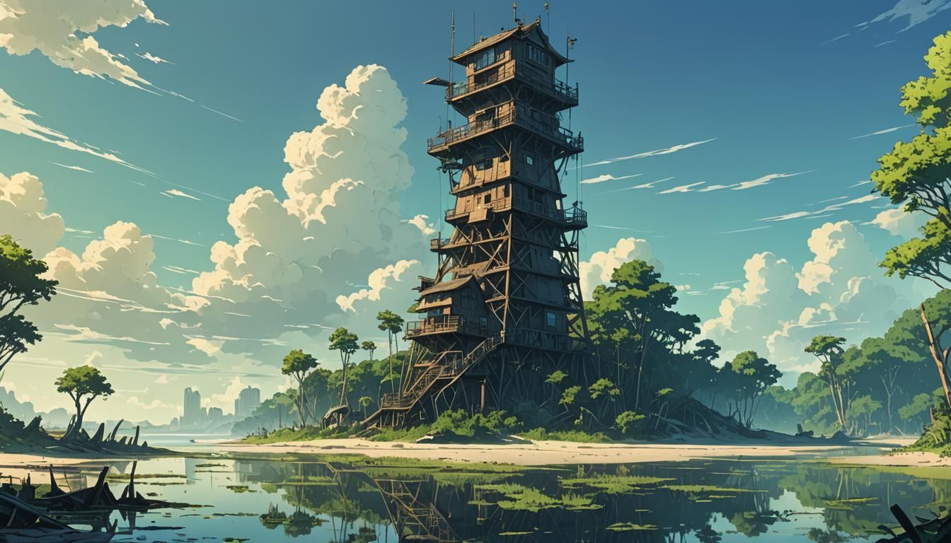 Air Tower on Swamp Beach in Anime Style