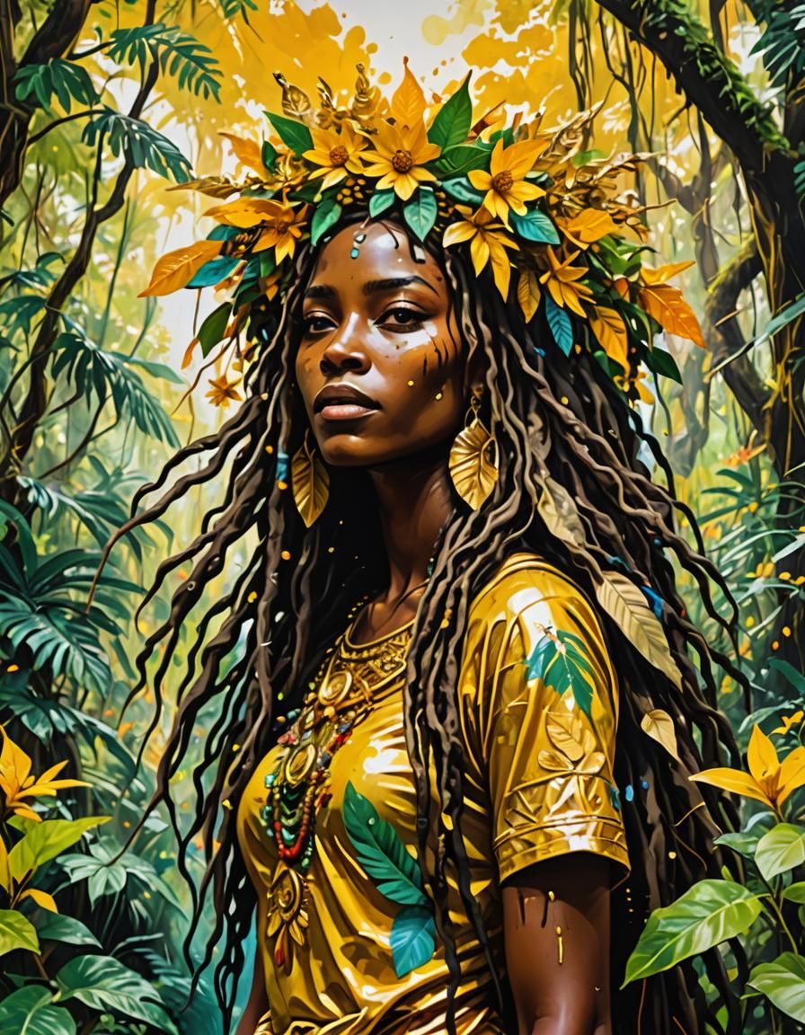 Sensual Goddess Walks Radiant in Golden Rainforest