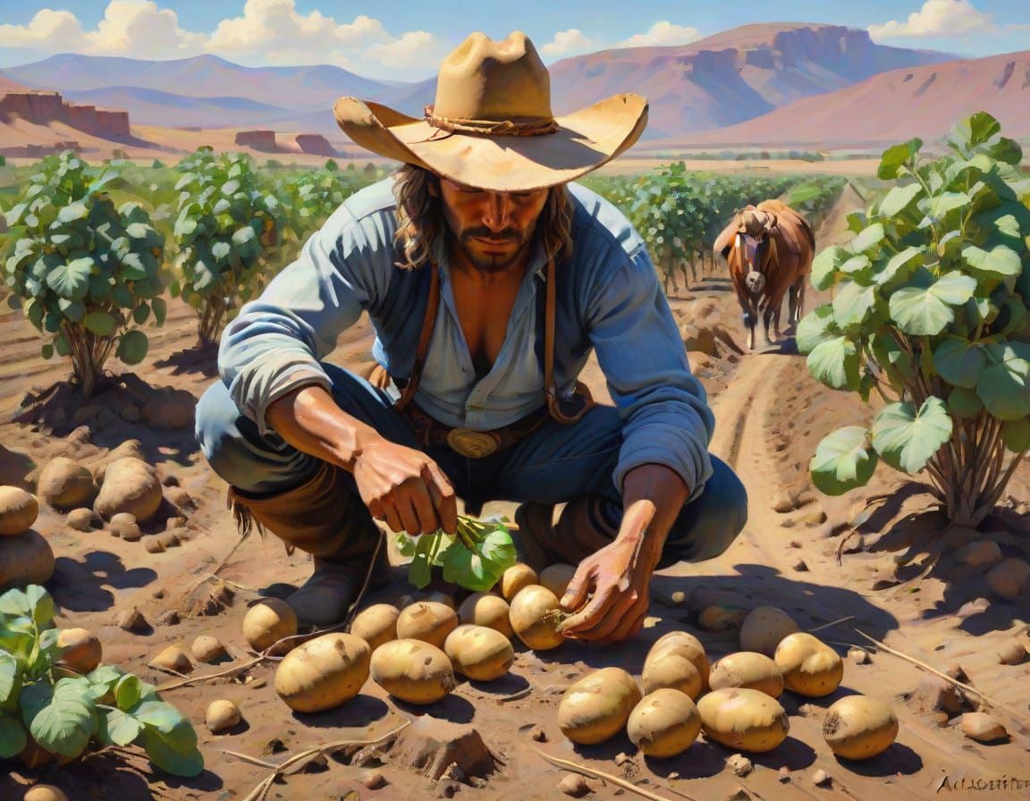 Cowboy Harvests Ripe Potatoes in Azteca-Inspired Landscape