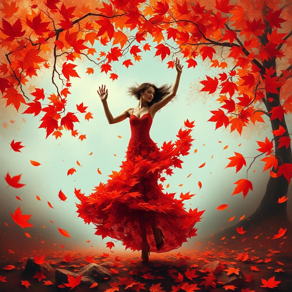 Abstract Woman Dancing in Autumn Leaves Dreamscape
