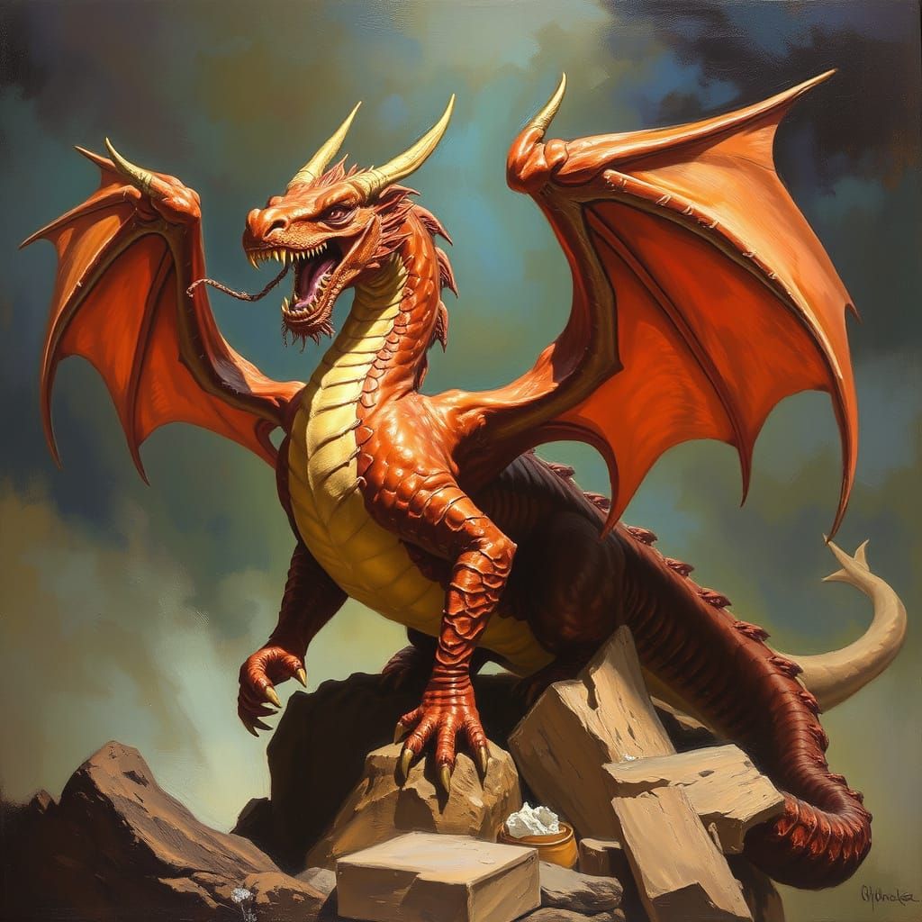 Majestic Dragon in Flight as Oil Painting