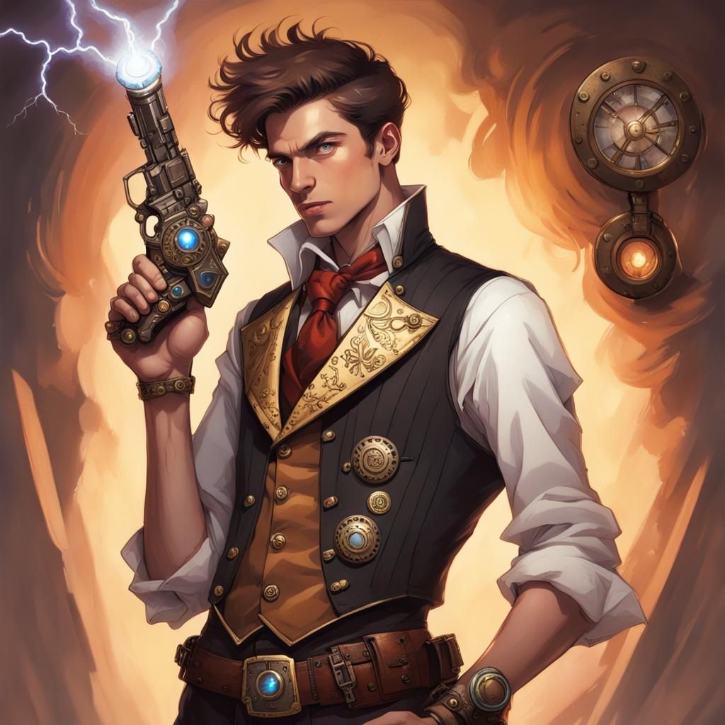 Steampunk Adventurer with Lightning Gun and Glowing Eyes