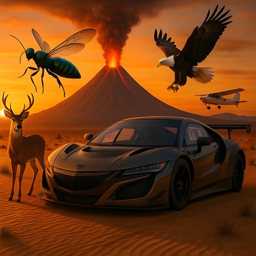 Race Car in Desert Landscape at Sunset