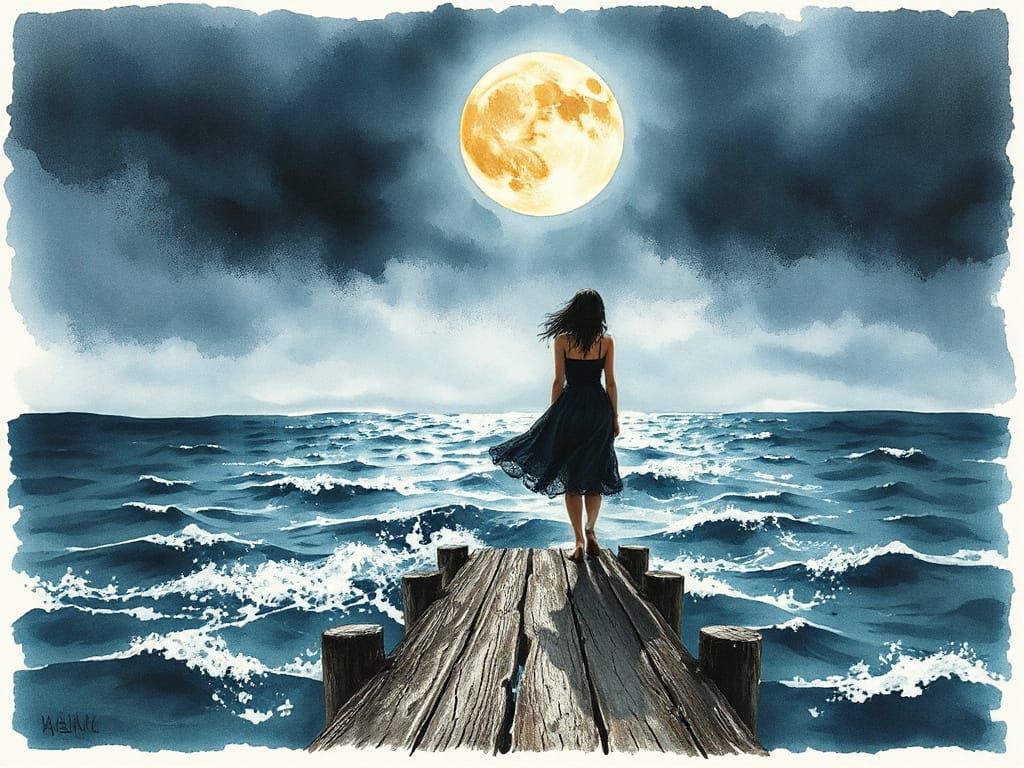 Woman and Moonlit Storm, Ink and Watercolor