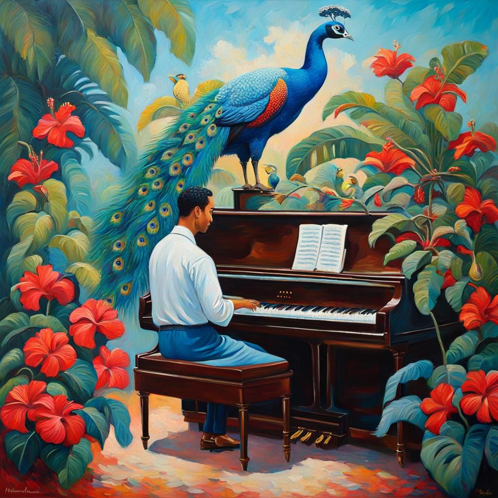 Piano Player with Peacocks in Neo-Impressionist Style