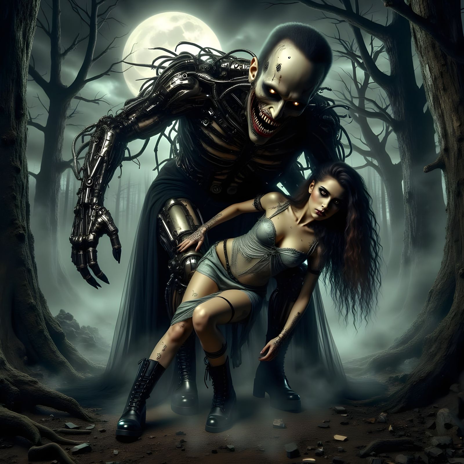 Frankenstein's Monster Carries Woman in CyberGothica Style