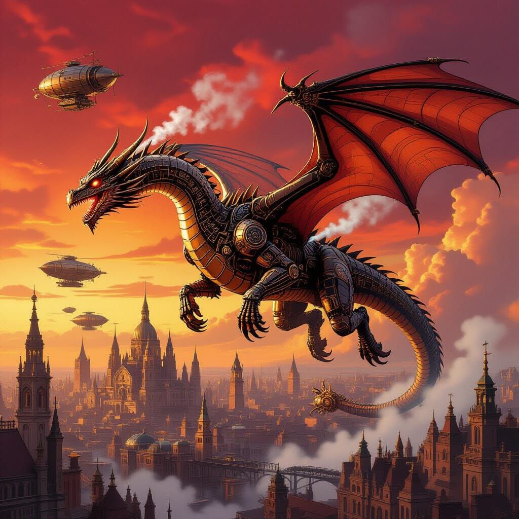 Steampunk Dragon Soars Above Victorian Metropolis