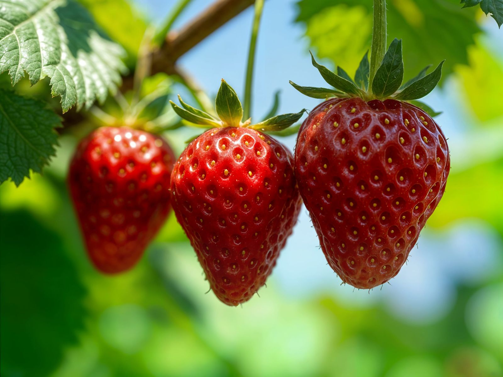 Three Ripe Strawberries Against a Blue Sky