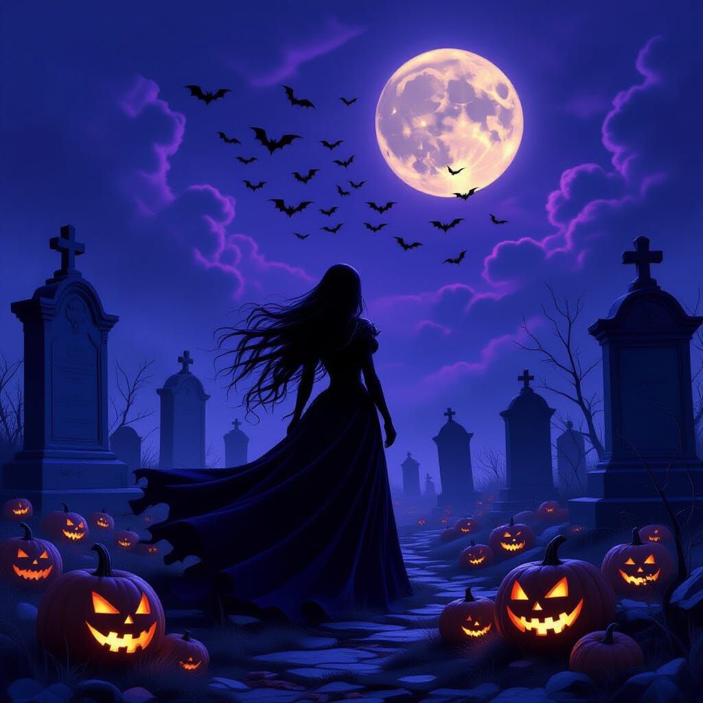 Witch in Pumpkin Cemetery Under Purple Moon