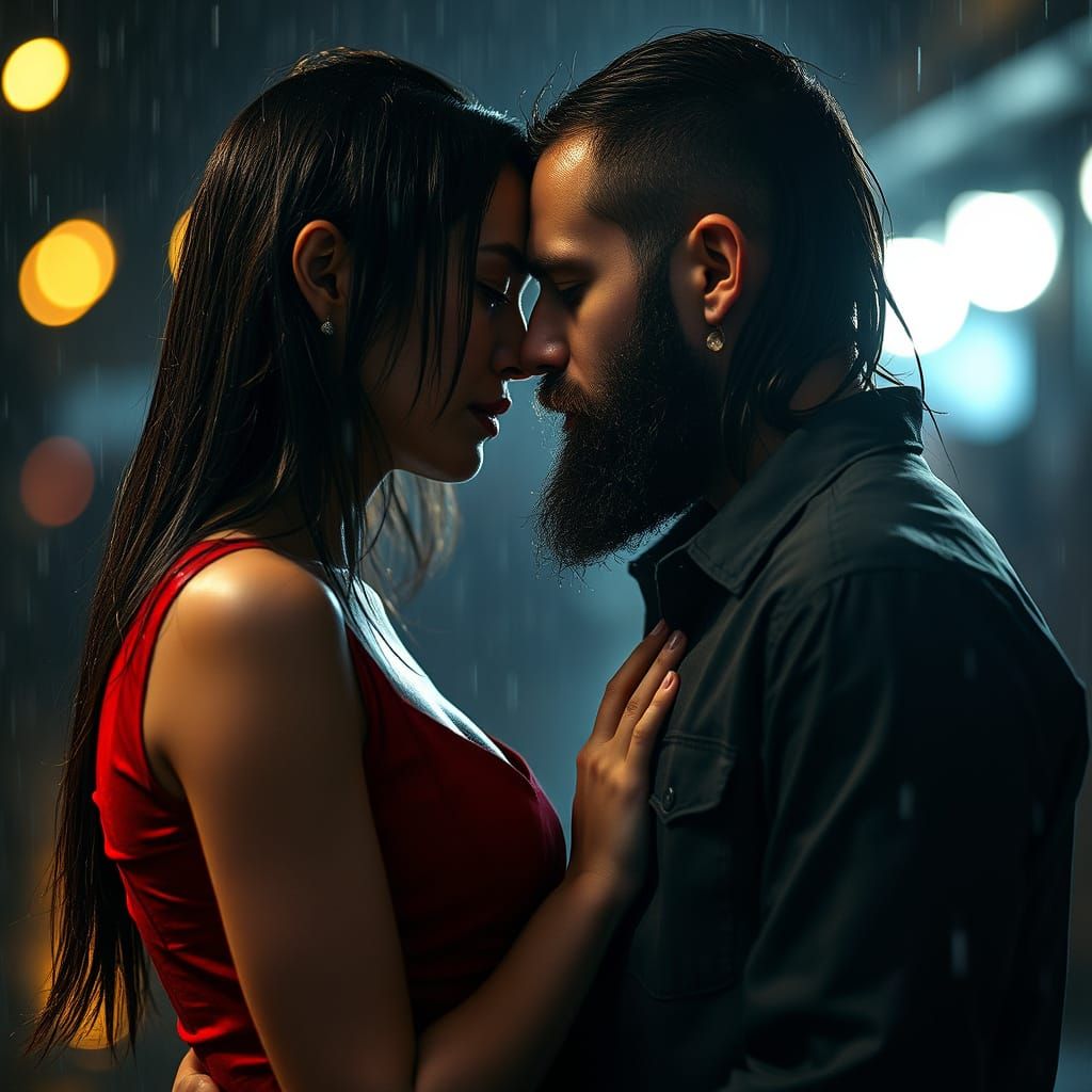 Passionate Couple in Rain, Romantic Cinematic Photo