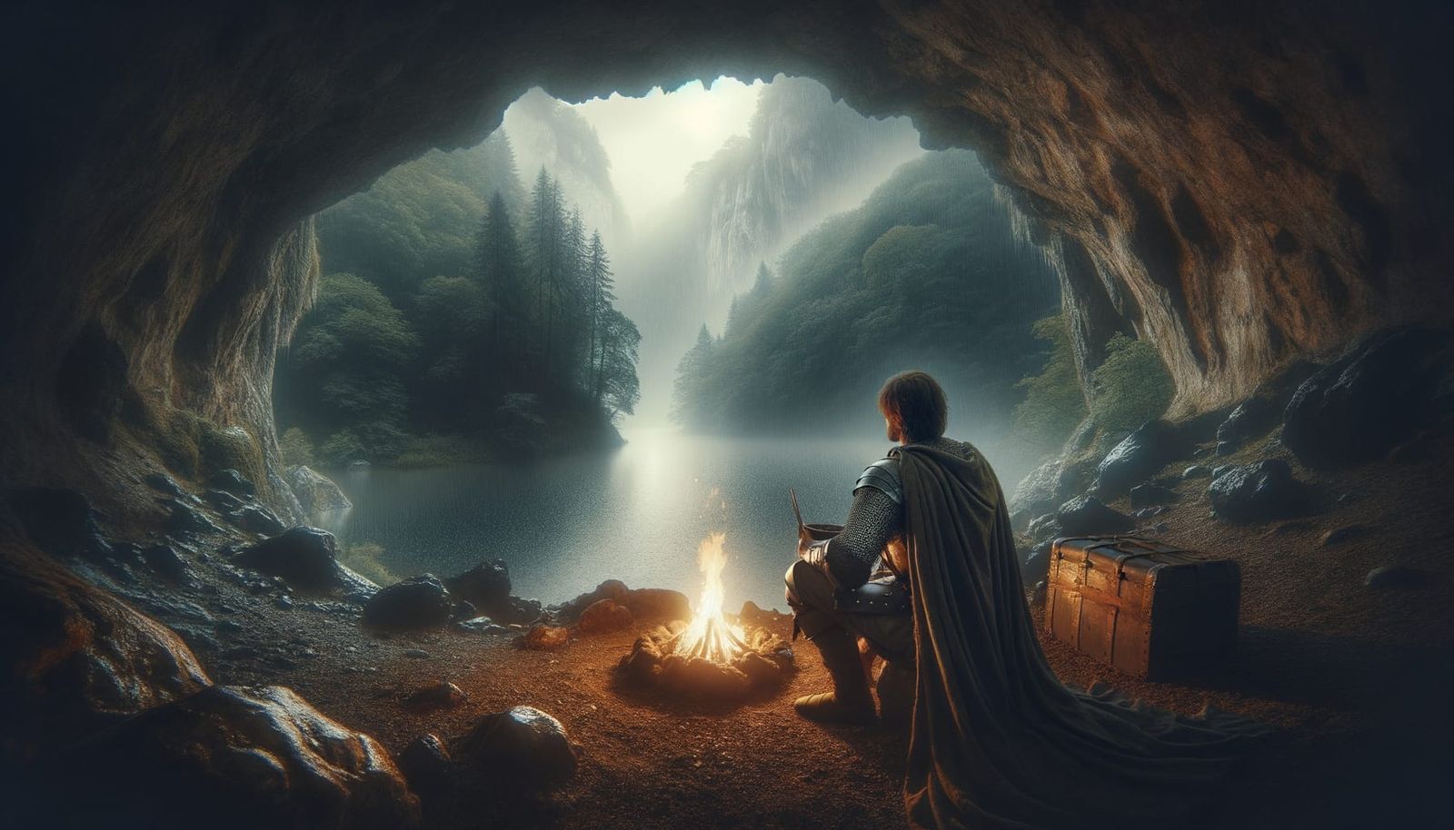 Cozy Cave View: Knight Shelters from Forest Rain