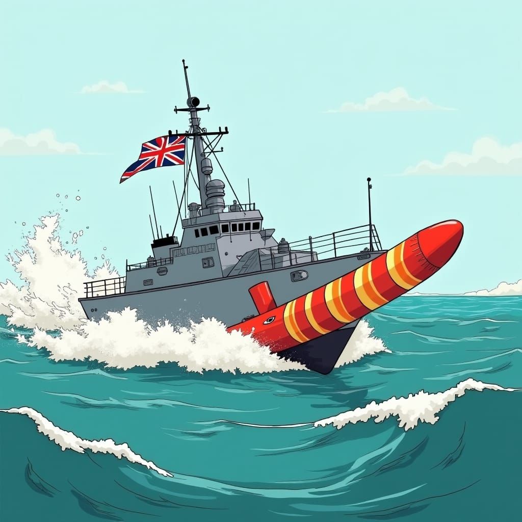 Whimsical UK Naval Vessel with Sausage Torpedo