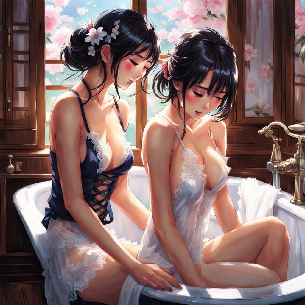 Sensual Japanese Women Embrace in Bathroom, Splash Art