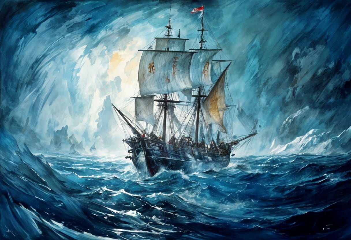 Galleon Navigates Frozen Seas in Watercolor Fantasy Art
