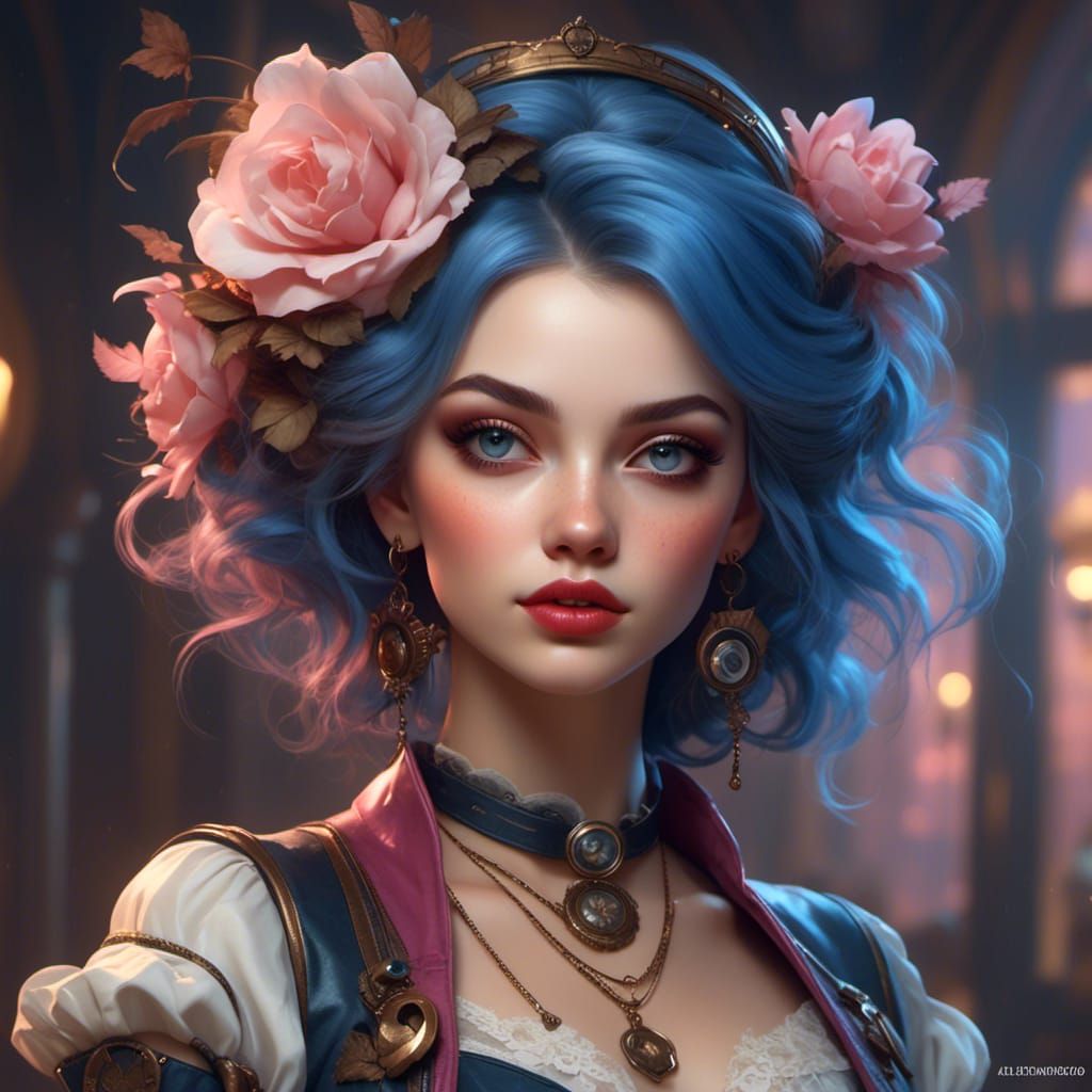 Steampunk Woman Portrait in Blue and Pink Tones