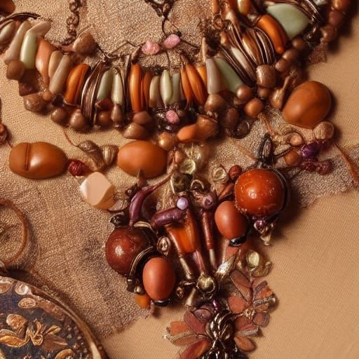 Vibrant Jewelry Still Life in Earthy Oil Painting Style