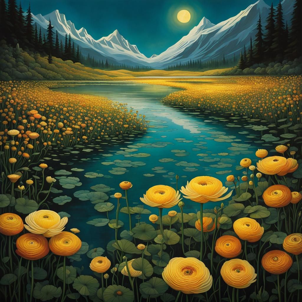 Luminous Crowfoot Carpet on Mountain Lake in Comic Book Styl...