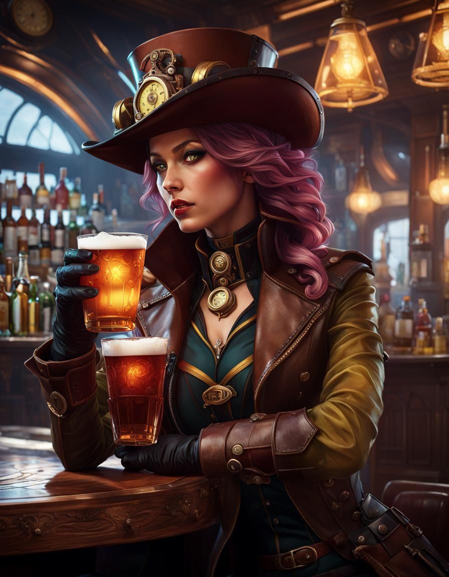 Steampunk Rogue at The Bar: Hyperrealistic Portrait