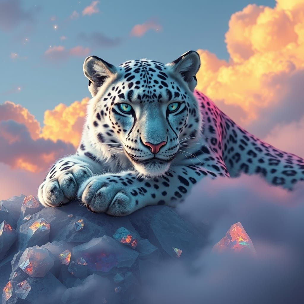 Hyperrealistic Snow Leopard on Quartz Mountain
