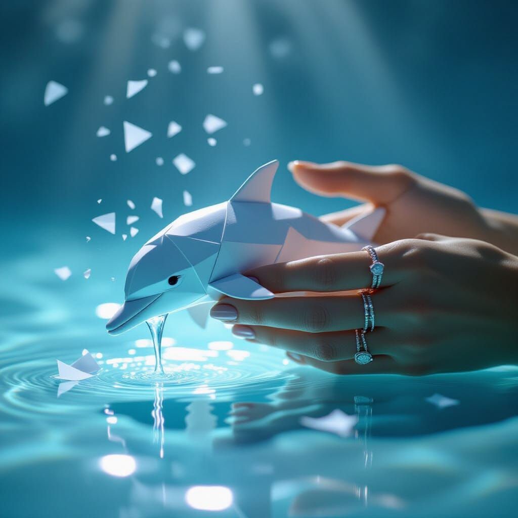 Melting Origami Dolphin Sculpture in a Moody Underwater Scen...