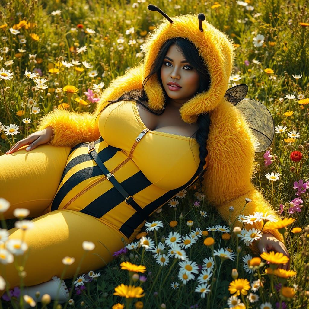 Busty Woman in Bee Costume on Vibrant Meadow