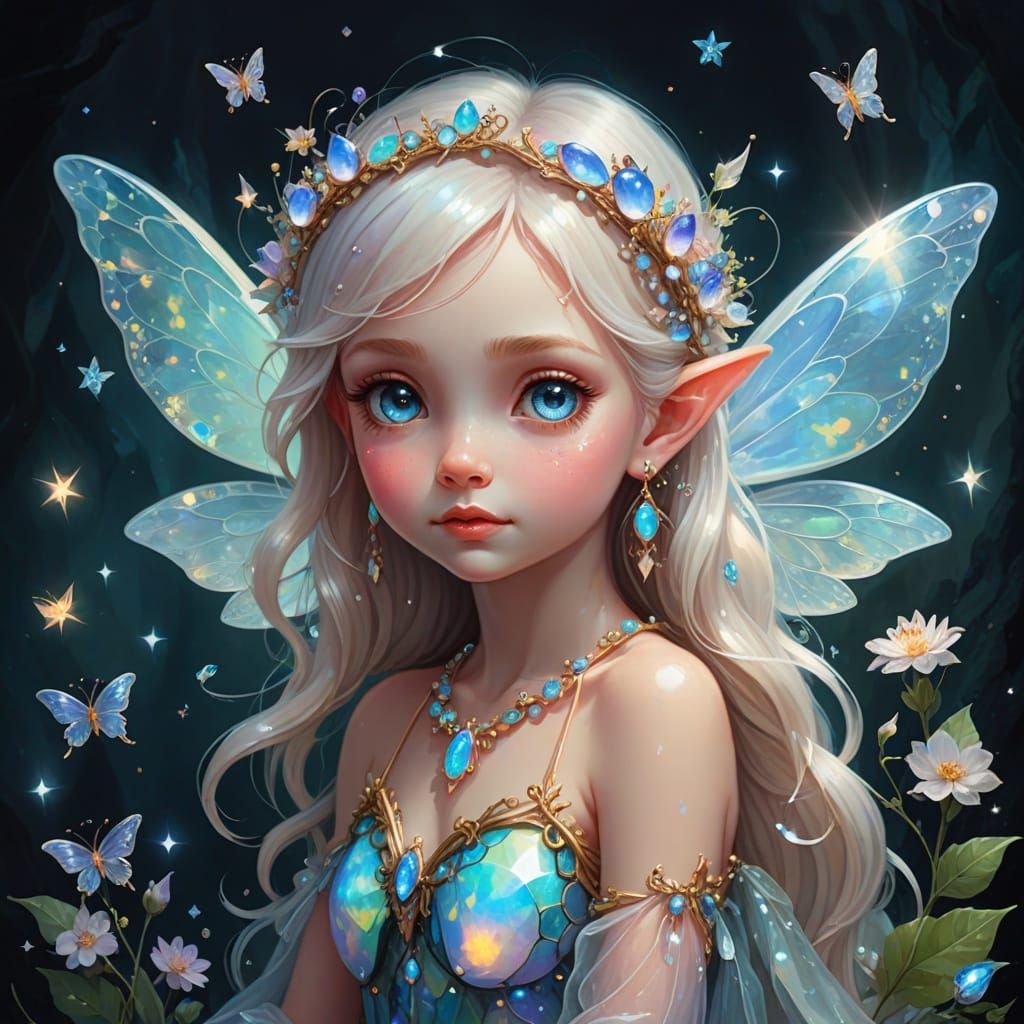 Opal Gemstone Fairy in a Flower Meadow