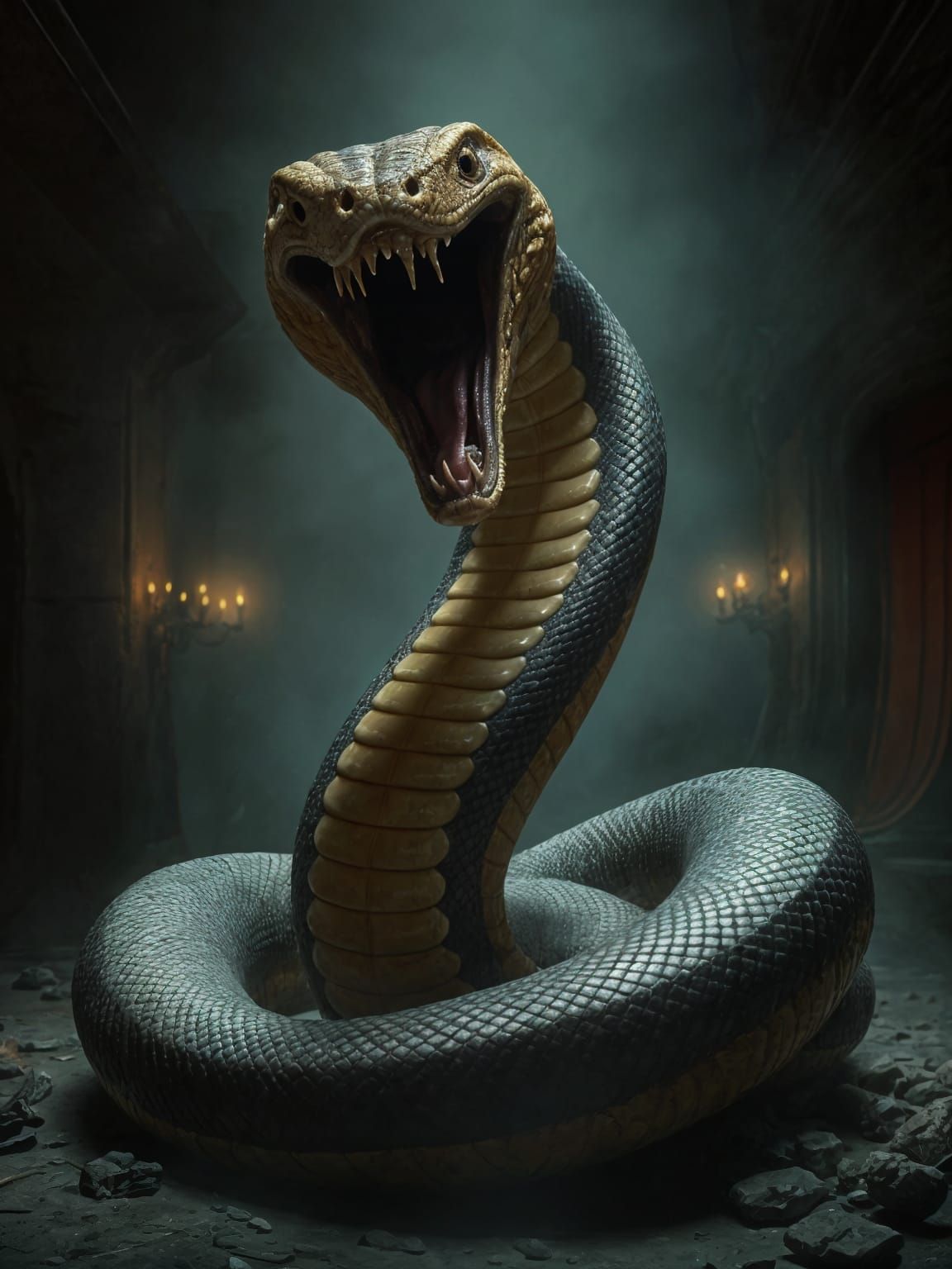 Immense Cobra with Dripping Fangs in Dark Chamber