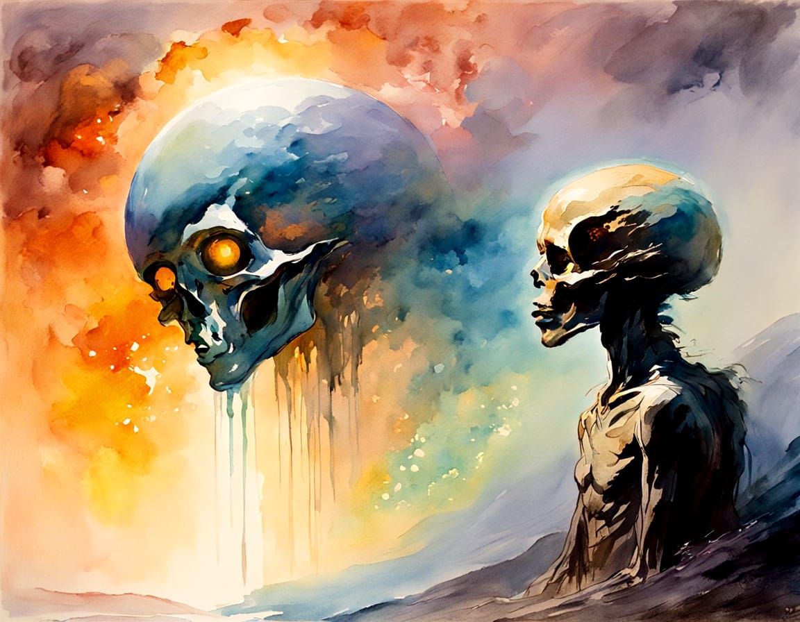 Serene Alien Encounter in Watercolor Style