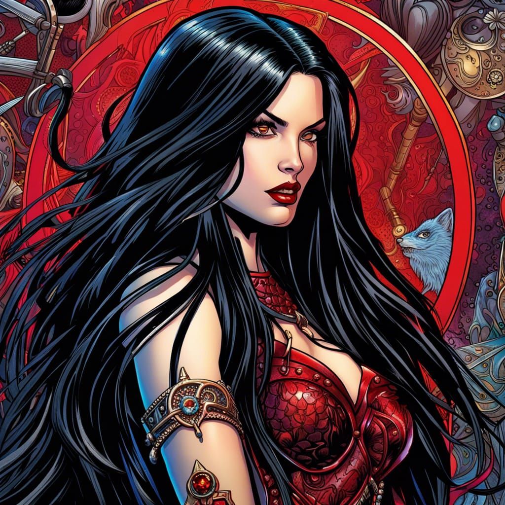 Woman with Black Hair in Heavy Metal Comic Style