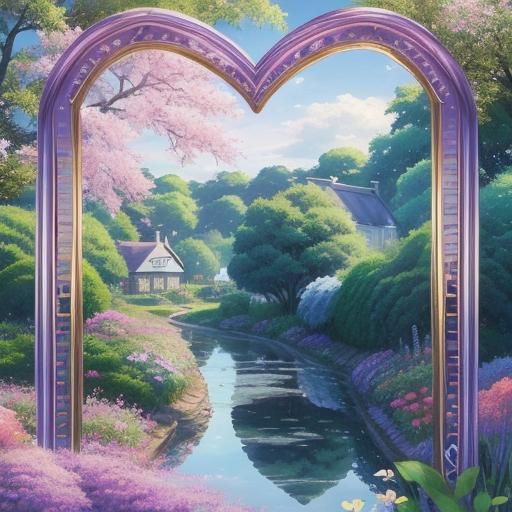Anime Cottagecore Garden Scene Inside Heart Frame