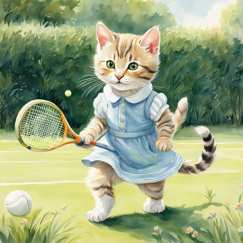 Kitten Plays Tennis: Whimsical Watercolor Illustration