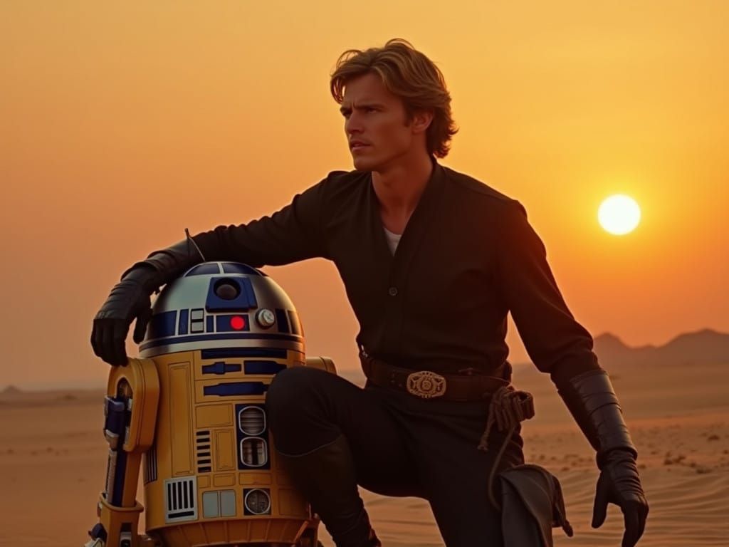 Luke Skywalker Prepares Rescue in Tatooine Binary Sunset