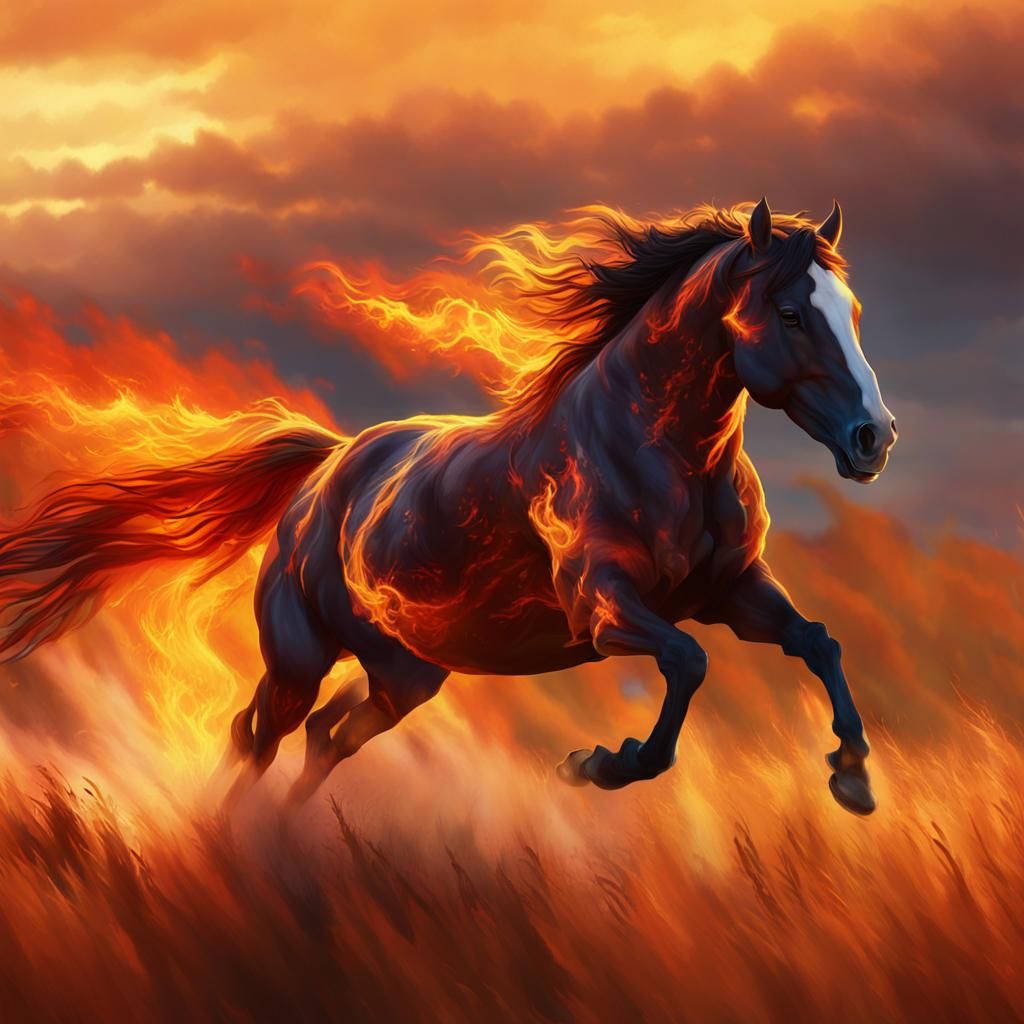 Flaming Stallion Gallops Across Burning Savannah