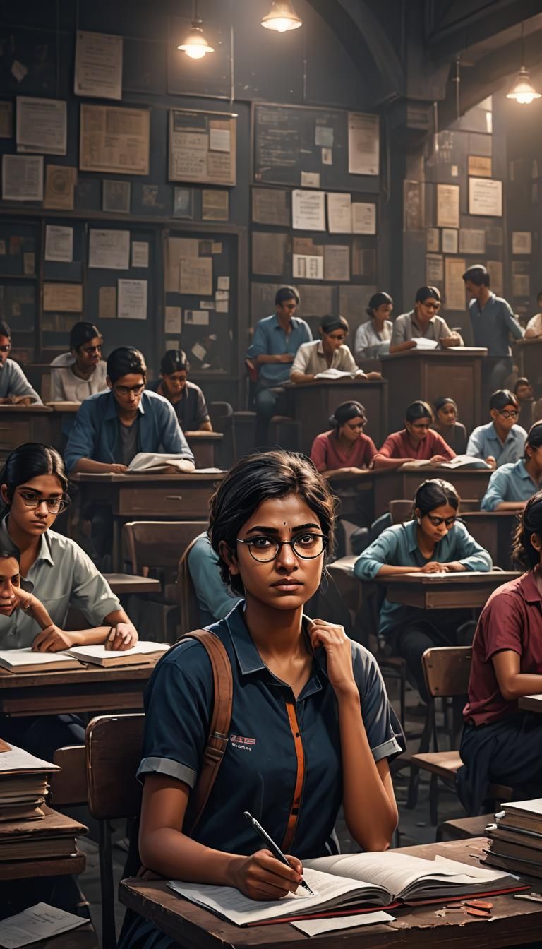 Sad Indian Student in Dark Coaching Institute: Digital Art