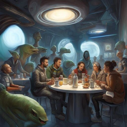 Friends Gather in Colorful Hyperrealistic Cafe