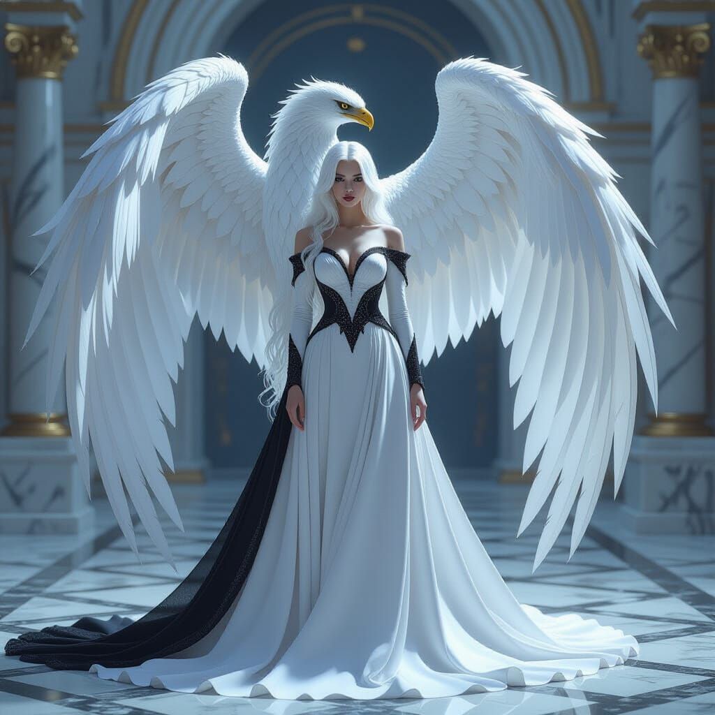 Majestic Griffin Guards Pale Woman in Marble Hall