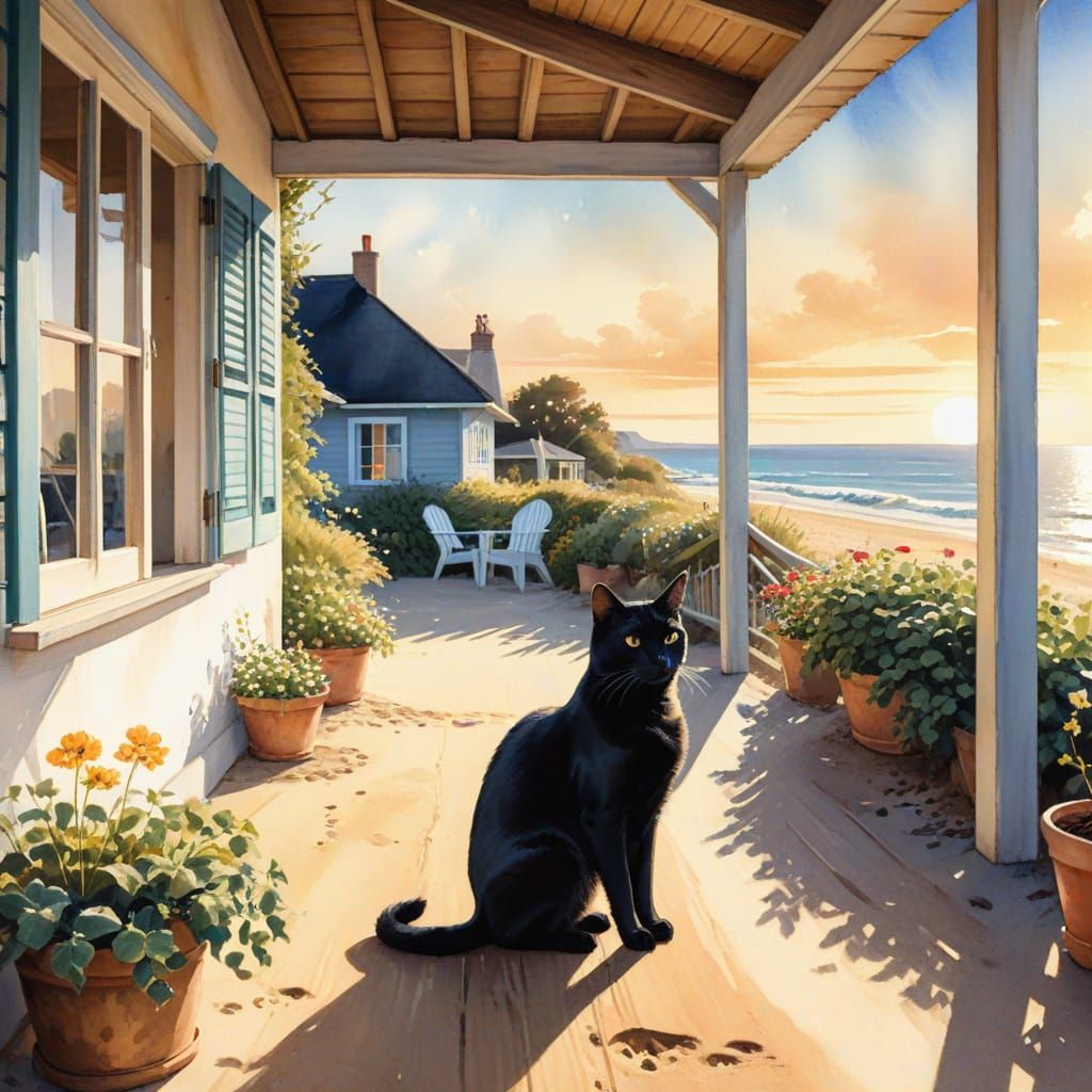 Black Cat on Cottage Porch Overlooking Beach