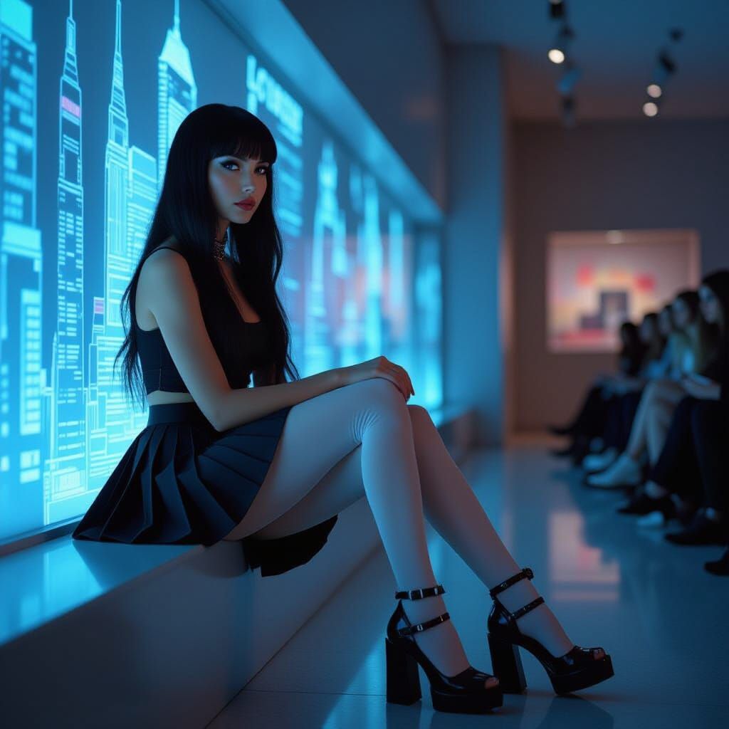 Raven-Haired Woman at Cyberpunk Hologram Exhibit