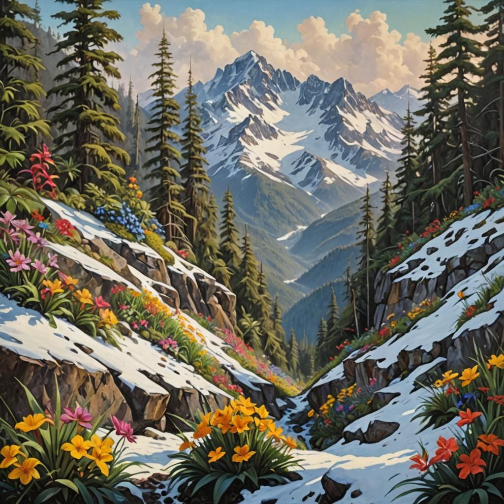 Tropical Jungle Paradise in Snowy Mountains, Oil Painting