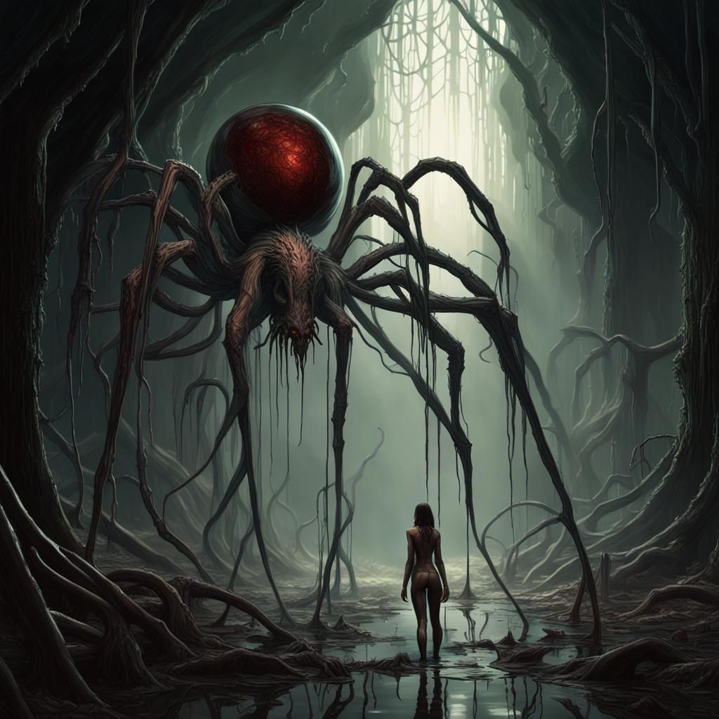 Giger-Inspired Chrome Crone in Backlit Swamp